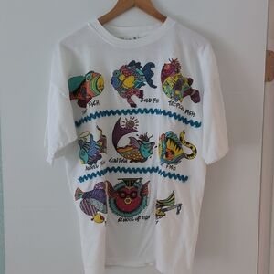 Vintage 90s Single Stitching White Colorful Fish Graphic T-Shirt Unisex Sz Large